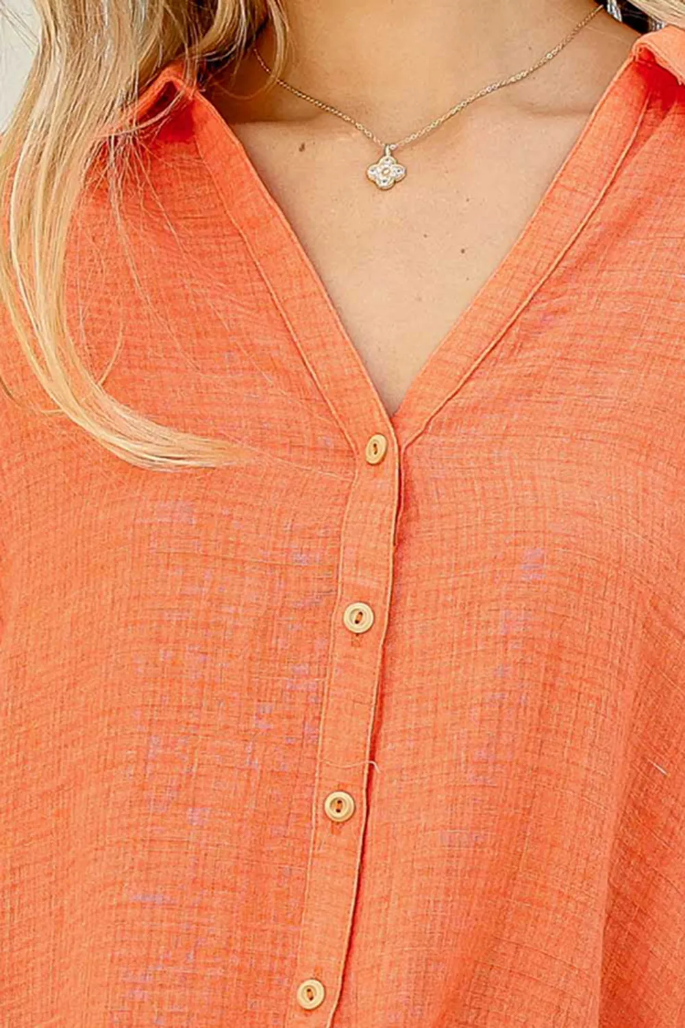 Orange Linen Tie Side Roll Up Shirt