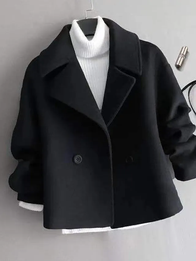 Women's Wool Blend Coat Witer Double Breasted Lapel Pea Coat Fall Crop Over Coat Windproof  Warm Jacket Long Sleeve Solid Color Black Beige