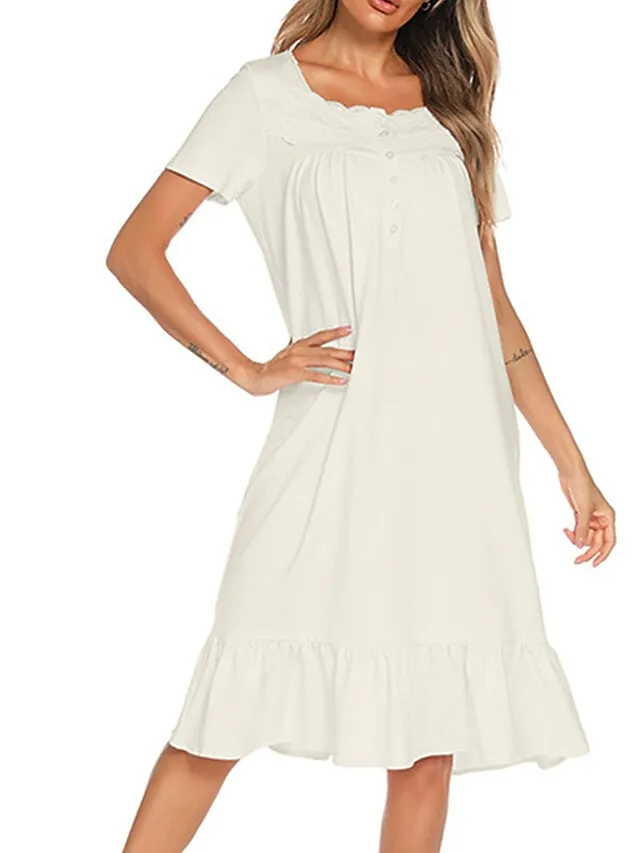 Women's Pajamas Nightgown Dress Pure Color Basic Simple Casual Home Daily Bed Cotton Breathable Square Neck Short Sleeve Dress Button Spring Summer White Pink