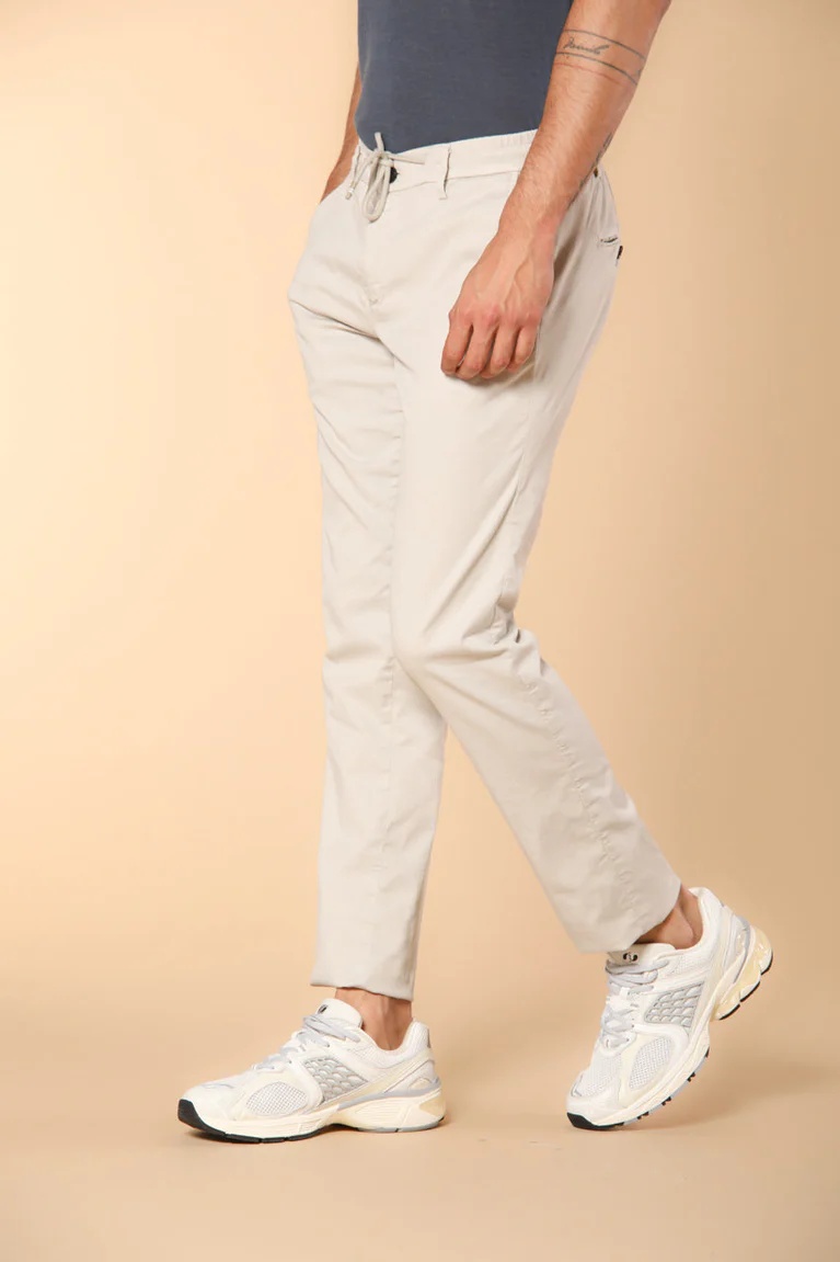 Men's Beige Cotton Twill Elastic Waist Slim Fit Trousers