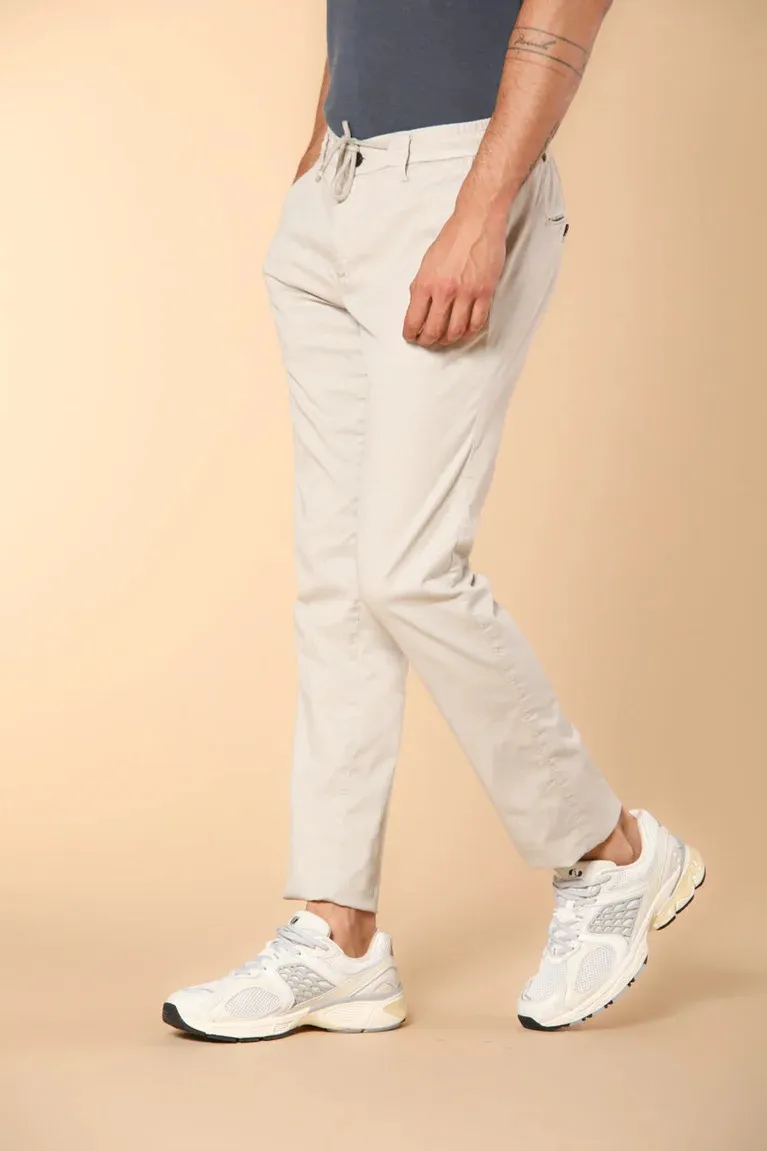 Men's Beige Cotton Twill Elastic Waist Slim Fit Trousers