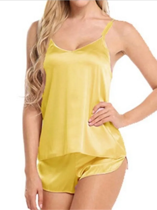 Women's Pajamas Sets Pure Color Fashion Casual Soft Home Daily Bed Satin Breathable Straps Short Sleeve Strap Top Pant Summer Fall White Yellow