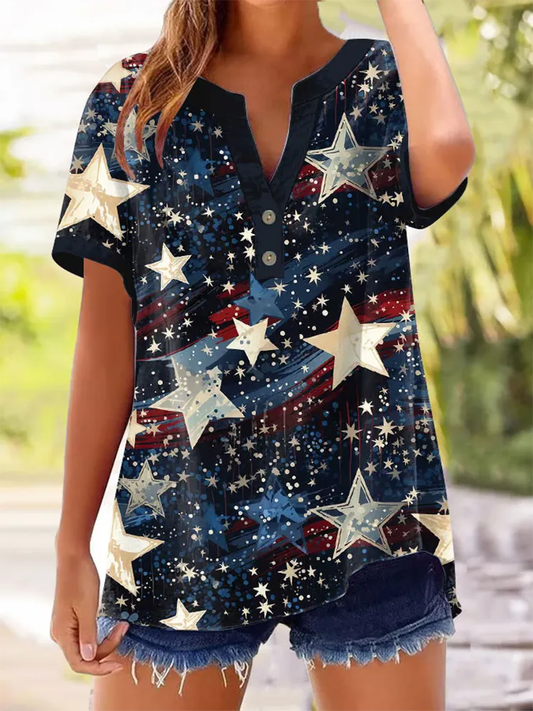 Women'S Star-Printed V-Neck Long-Sleeved Shirt