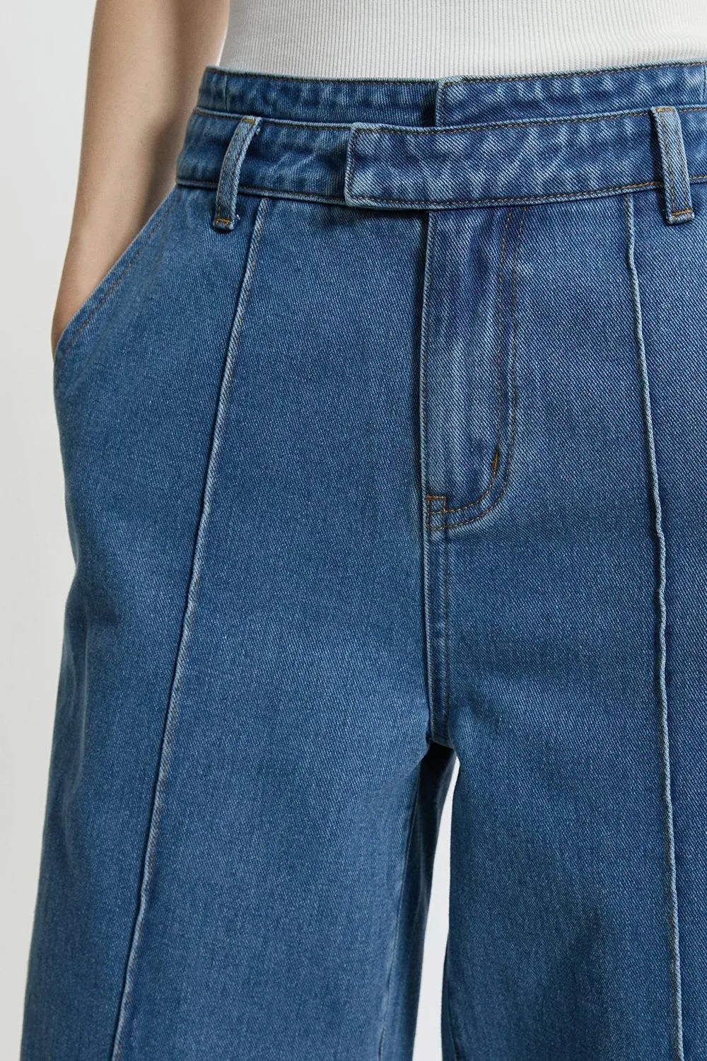 Denim Waistband Detail Wide Leg Trousers