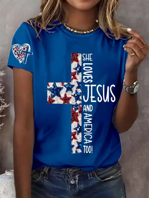 Woman'S She Loves Jesus And America Too! Round-Neck Short-Sleeve T-Shirt