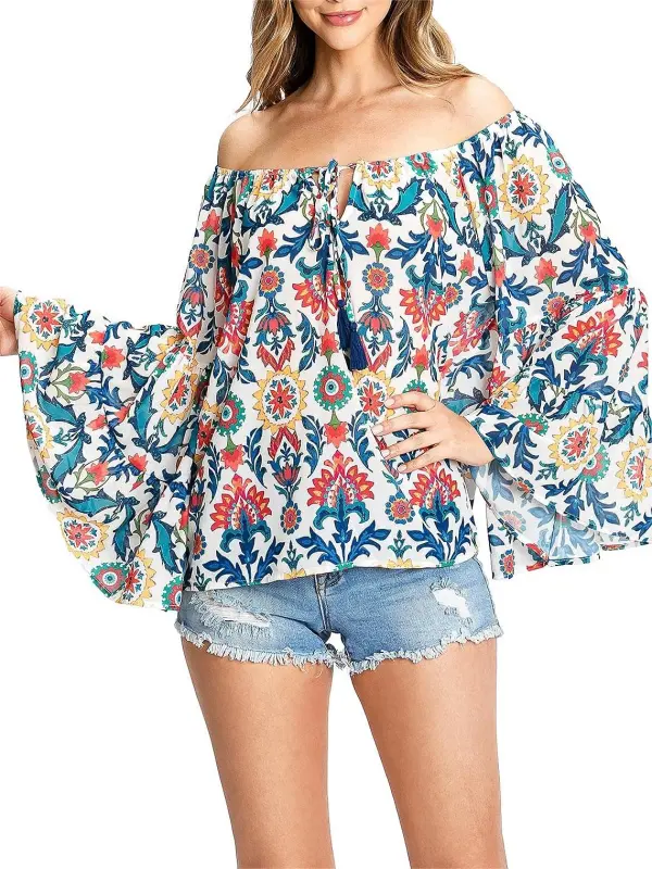Multicolor Floral Off - Shoulder Bell - Sleeve Blouse