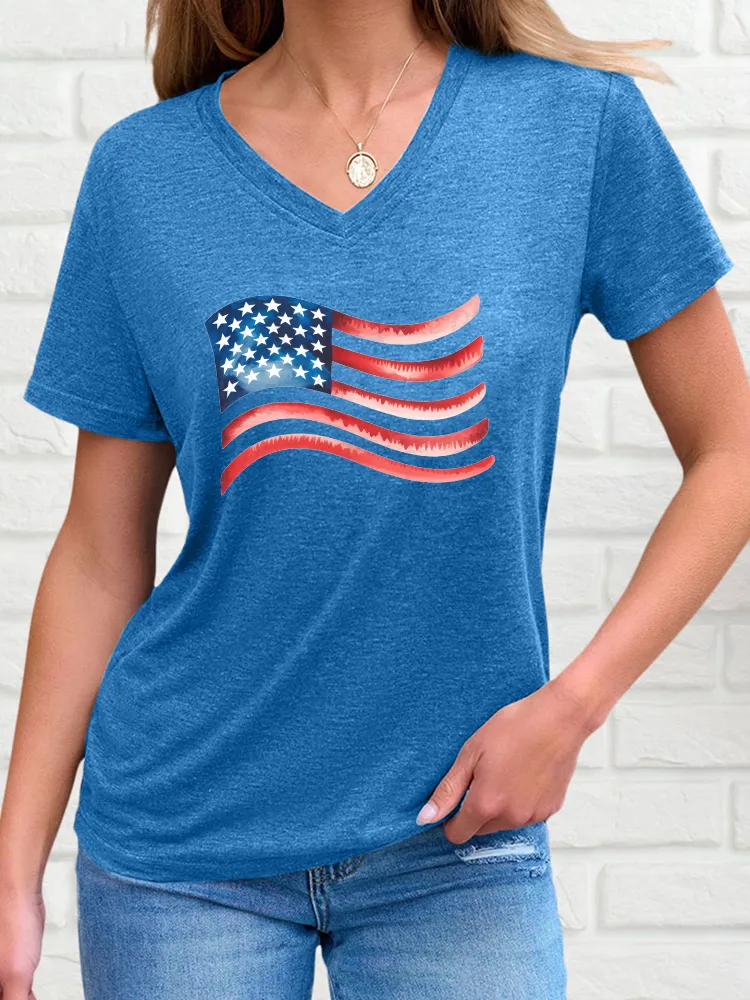 Woman'S Stars And Stripes Print V-Neck And Short Sleeves T-Shirt