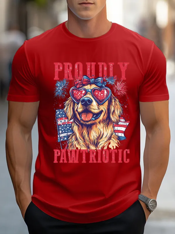 Man'S Proudly Pawtriotic Round-Neck Short-Sleeved T-Shirt