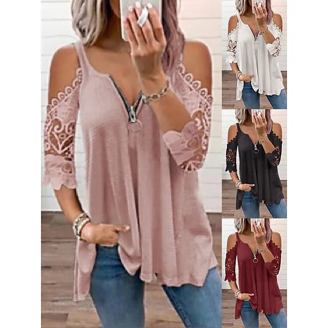 Blouse Women's Black White Solid Color Lace Lace Zipper Home Daily Basic S