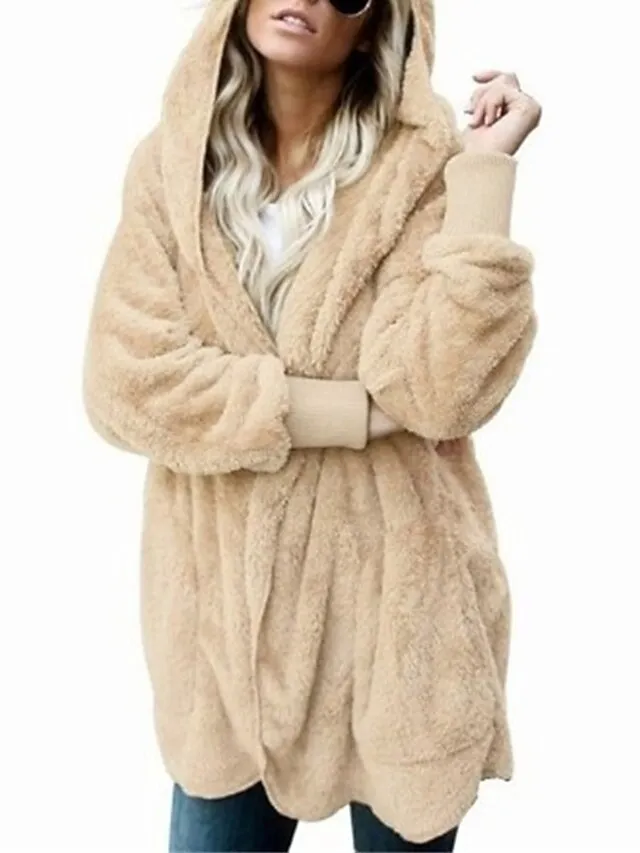 Women's Sherpa Jacket Fleece Teddy Coat Windproof Warm Maillard Home Daily Wear Vacation Going out Pocket Cardigan Hoodie Ordinary Modern Plush Solid Color Regular Fit Outerwear Long Sleeve