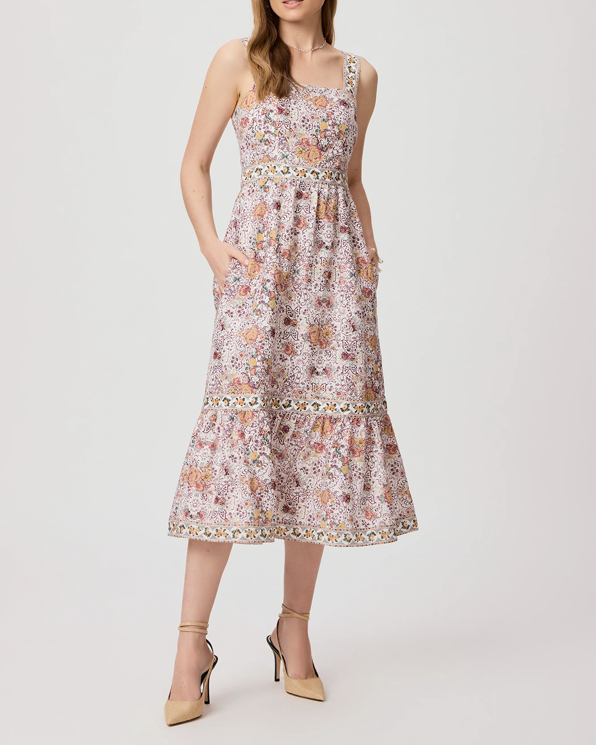 Light Pink And Multicolor Floral Print Square Neck Midi Dress