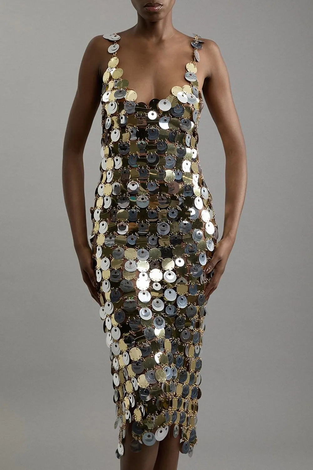 Disc Sequin Strappy Midi Dress