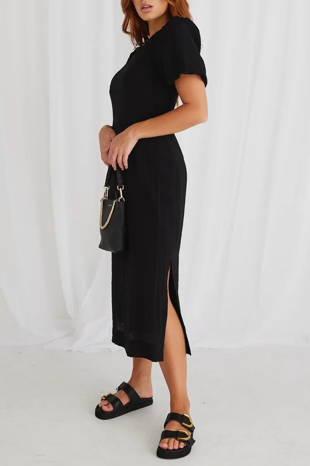 Puff Sleeve Tie Midi Dress