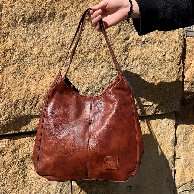 Women's Shoulder Bag Hobo Bag PU Leather Outdoor Office Shopping Large Capacity Solid Color claret Red Brown Black