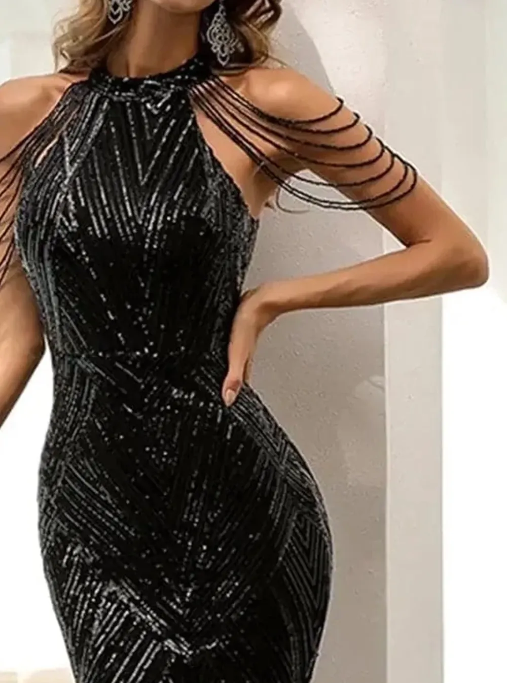 Cold Shoulder Beads Chain Cocktail Dress