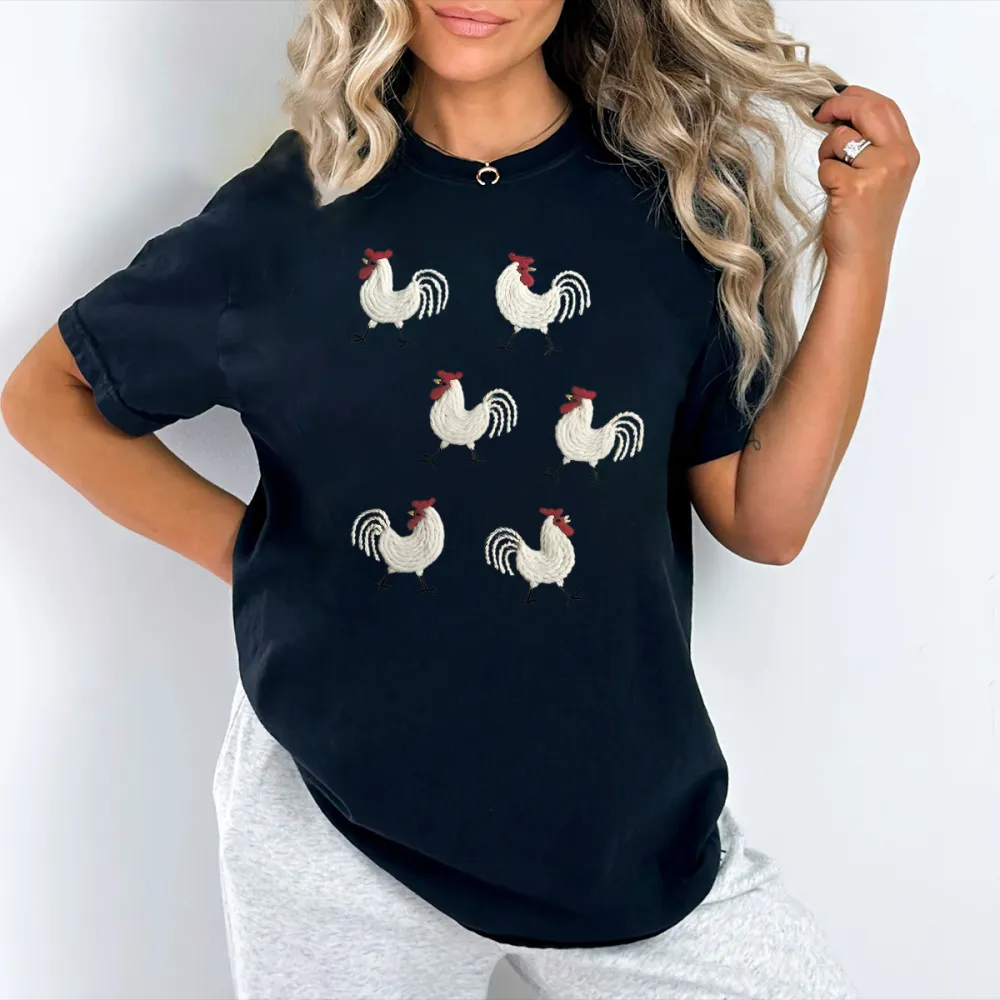 T-Shirt Animals Chicken Women Printed Round Neck Short Sleeve