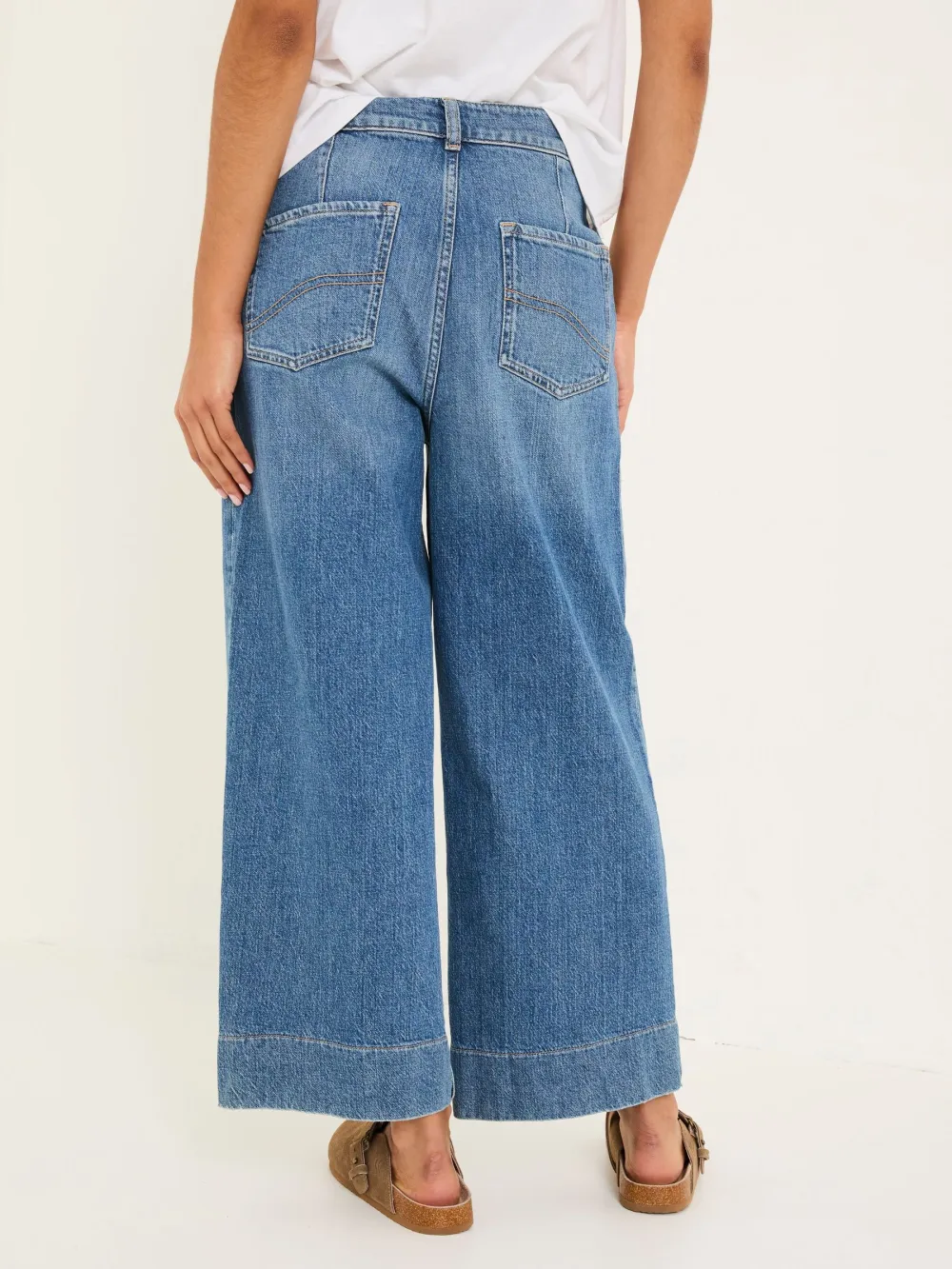 Casual Blue Denim Wide Leg Crop Jeans