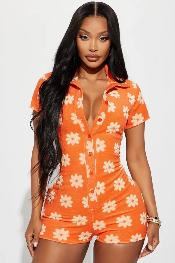 Flower Fields Terry Cloth Romper - Orange