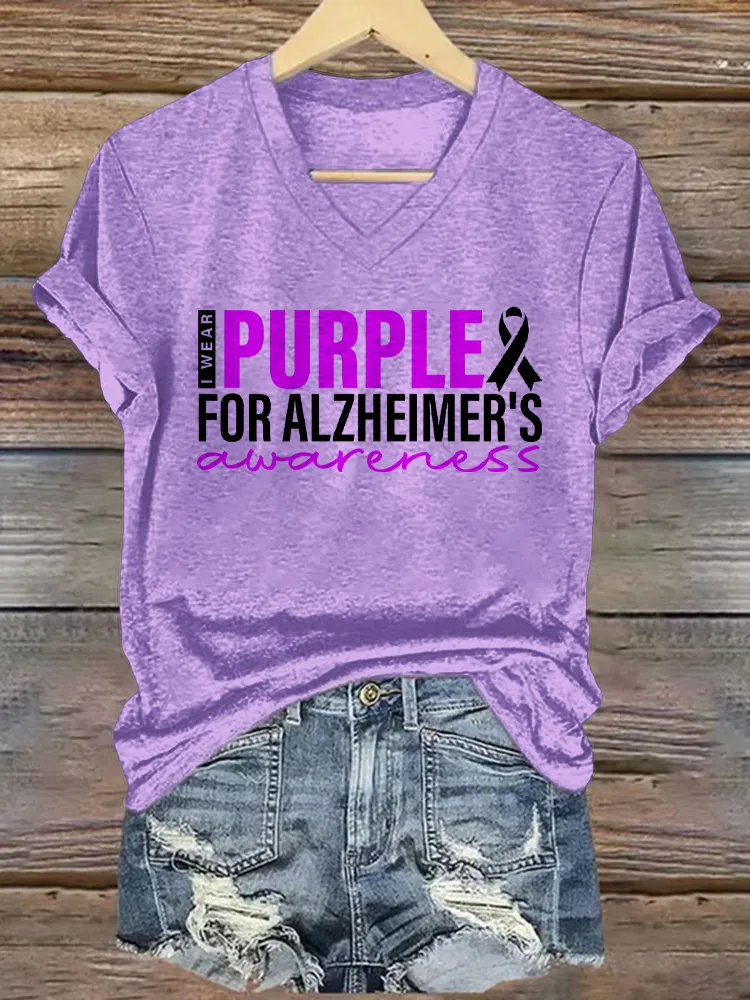 Women'S I Wear Purple For Alzheimer'S V-Neck Short-Sleeved T-Shirt