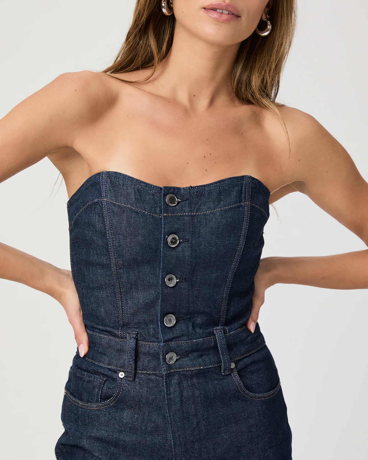 Dark Blue Denim Strapless Flared Jumpsuit