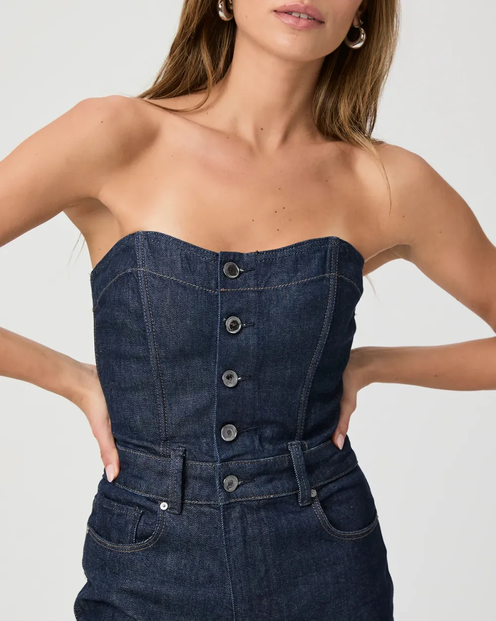 Dark Blue Denim Strapless Flared Jumpsuit