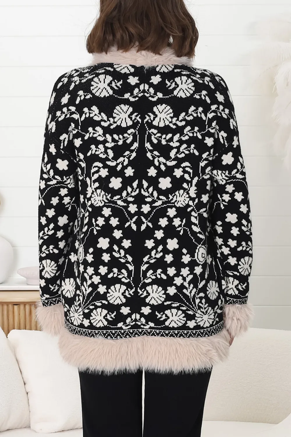 Faux Fur Trim Open Knit Jacket