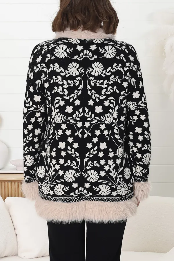 Faux Fur Trim Open Knit Jacket