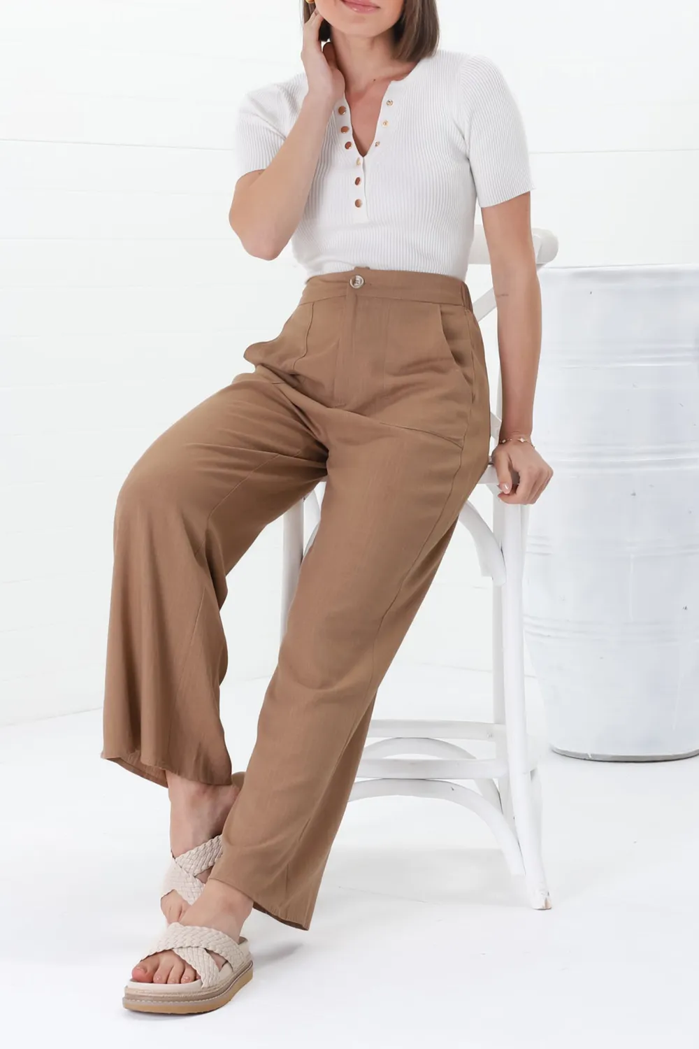 Tan High Waist Wide Leg Casual Pants