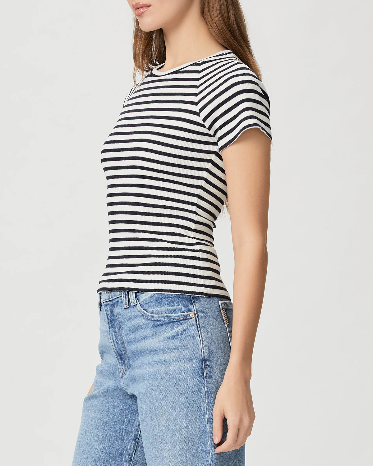 Black And White Striped Crew Neck Tee