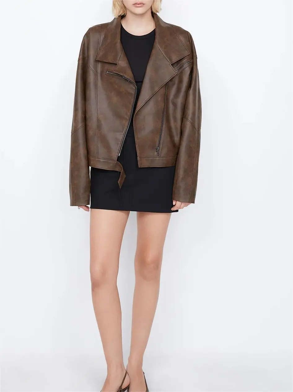 Brown Leather Lapel Biker Jacket