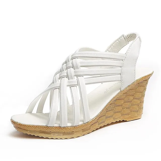 Women's Sandals Wedge Sandals Braided Sandals Party Daily Wedge Heel Open Toe Elegant Casual Faux Leather Elastic Band Braided Black White Brown