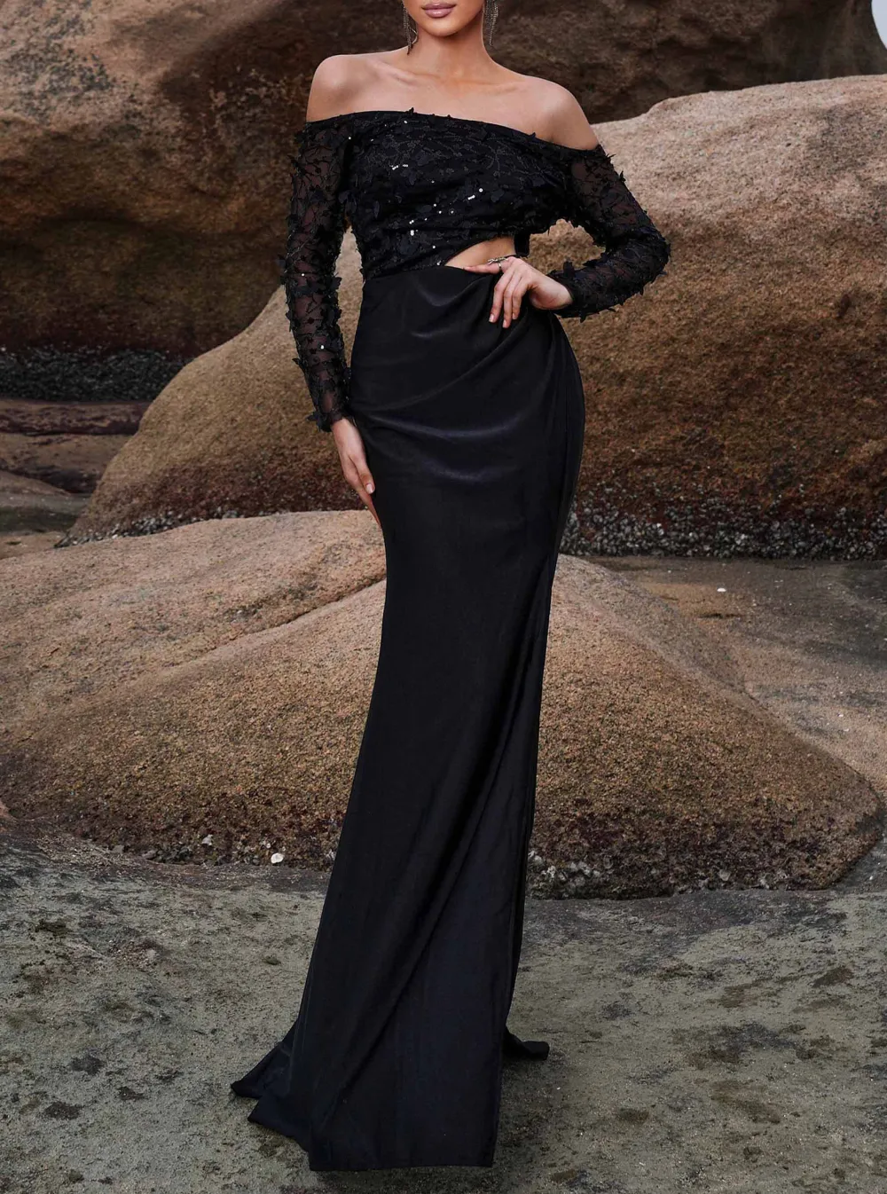 Off Shoulder Butterfly Cutout Black Split Dress
