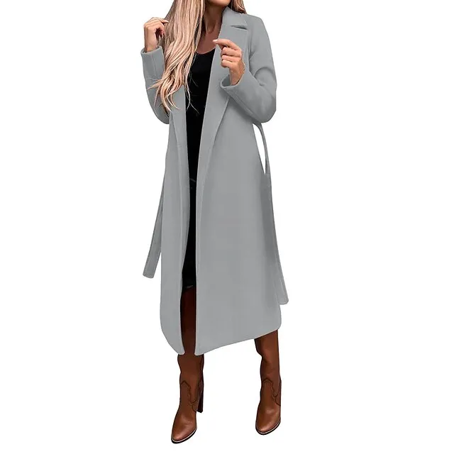 Women's Winter Coat Long Overcoat with Belt Fall Lapel Pea Coat with Pockets Trench Coat Fashion Street Wear Formal Jacket Long Sleeve  Black White Yellow