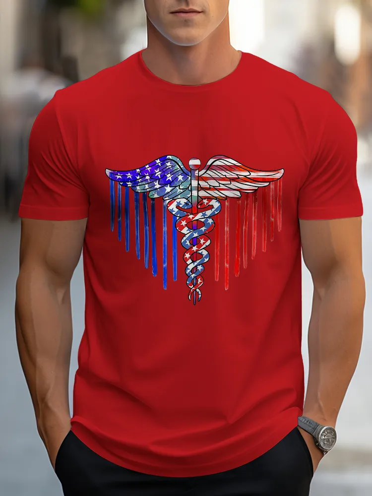 Man'S Star-Striped Wings Round-Neck Short-Sleeved T-Shirt