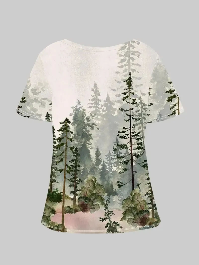 Women's Casual Forest Print V-Neck Short Sleeve T-Shirt