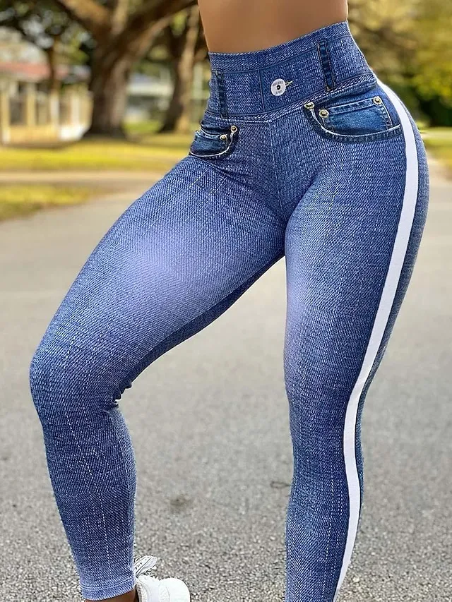 Women's Jeans Bell Bottom Tights Ankle-Length Denim Faux Denim High Elasticity High Waist Fashion Tights Casual Weekend Light Blue Black S M