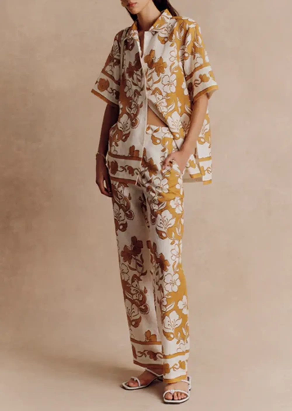 Gold Pattern Straight Leg Pajama Pants