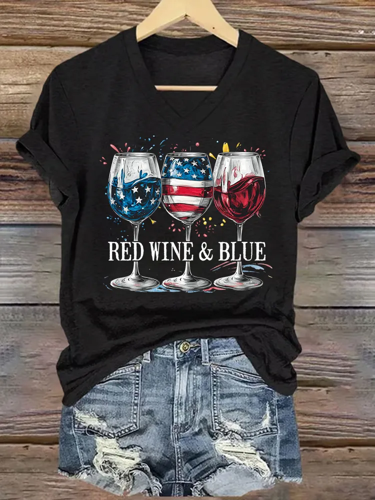 Woman'S Red Wine And Blue V-Neck And Short Sleeves T-shirt