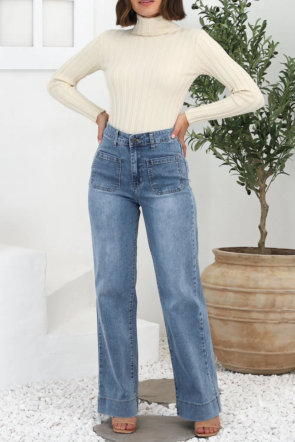 Blue High Waisted Wide Leg Denim Jeans