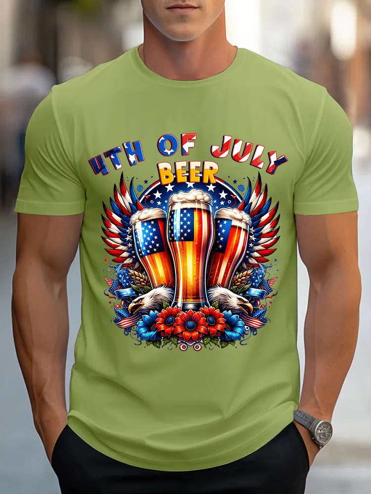 Men's Independence Day 4th Of July Beer Round-Neck Short-Sleeved T-Shirt