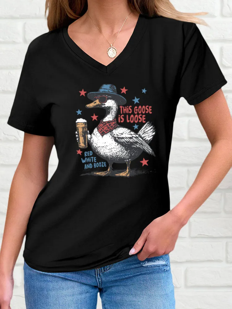 Woman'S This Goose Is Loose Red White And Booze Print Short-Sleeved T-Shirt
