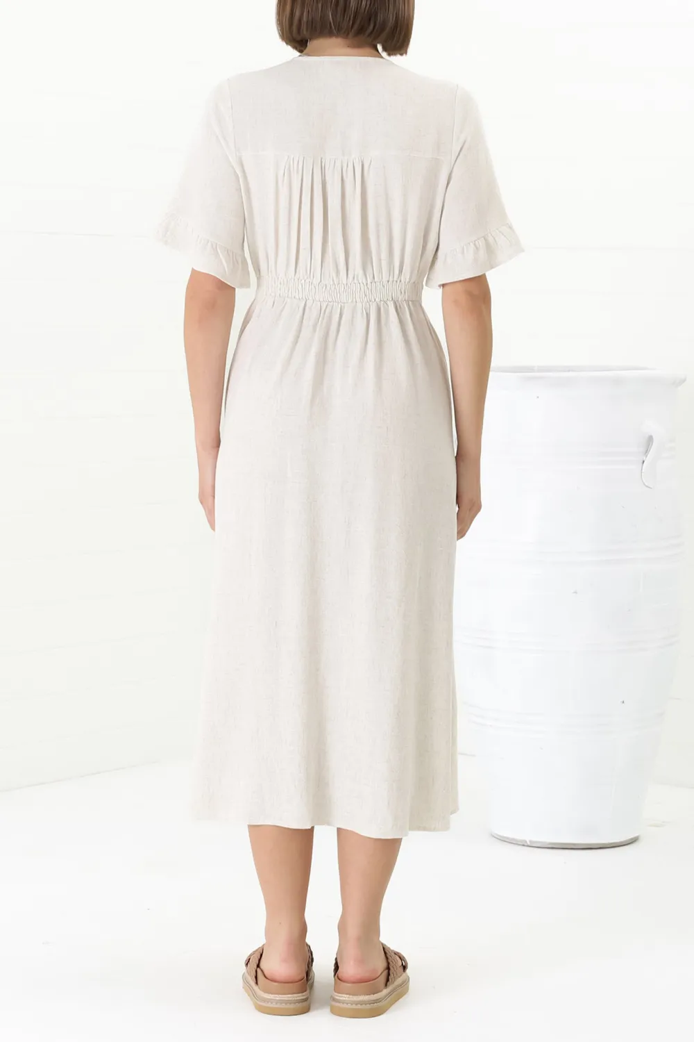 White Button Front Short Sleeve Midi Dress