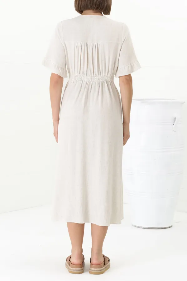 White Button Front Short Sleeve Midi Dress