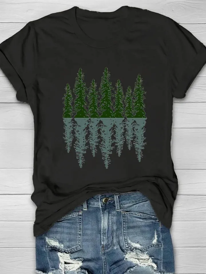 Women's Casual Natural Forest Print Short Sleeve Crew Neck T-Shirt