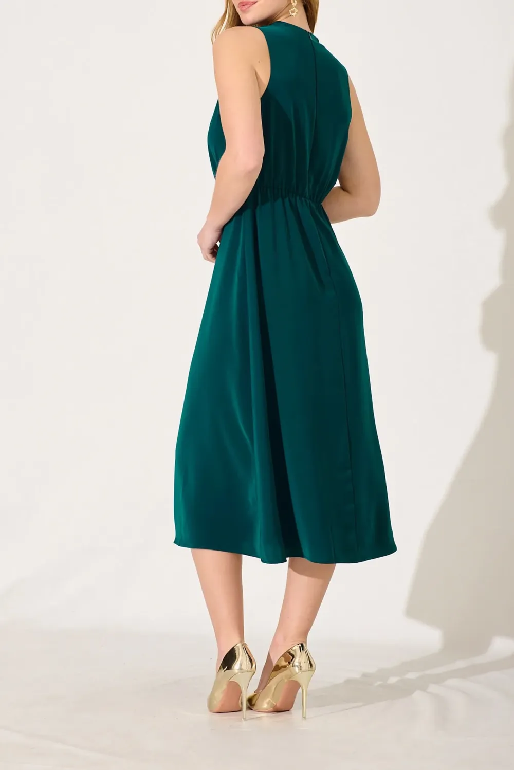 Dark Green Sleeveless Mock Neck Midi Dress