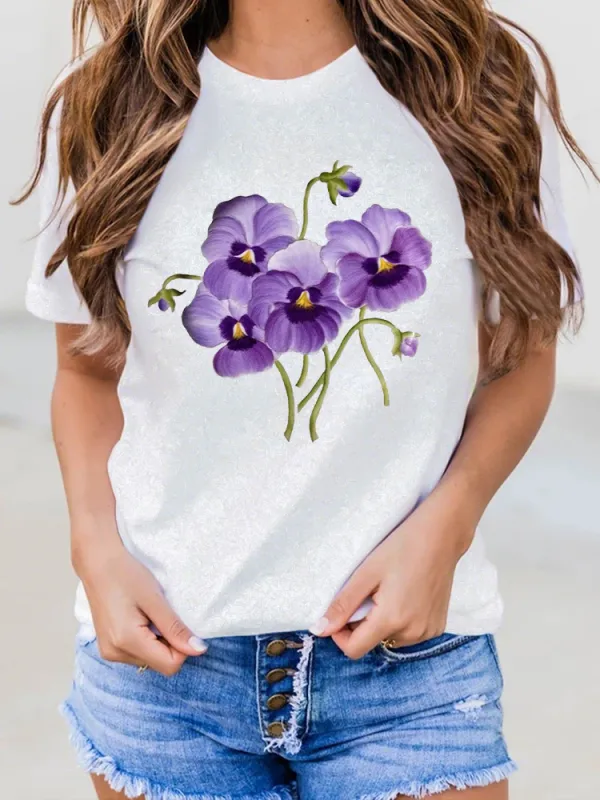 Women'S Floral Print Alzheimer'S Awareness Round-Neck Short-Sleeved T-Shirt