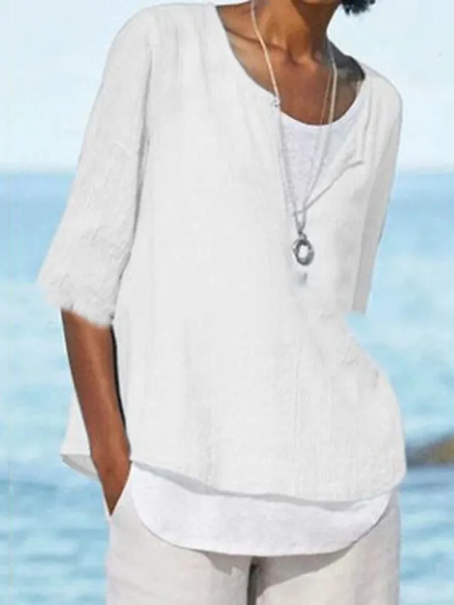 Women's Shirt Blouse Plain Black White Pink Half Sleeve Holiday Casual Beach V Neck Regular Fit
