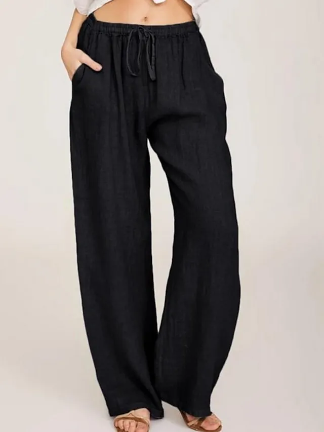 Women's Basic Essential Classic Culottes Wide Leg Chinos Drawstring Pants Casual Inelastic Solid Colored Faux Linen Lightweight Mid Waist Loose Black Blue Gray Dusty Blue S M L XL XXL