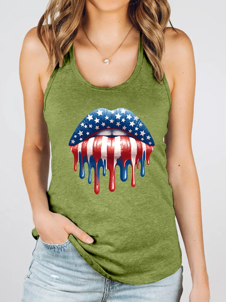 Women'S Star-Striped Lip Print Round-Necked Sleeveless Vest