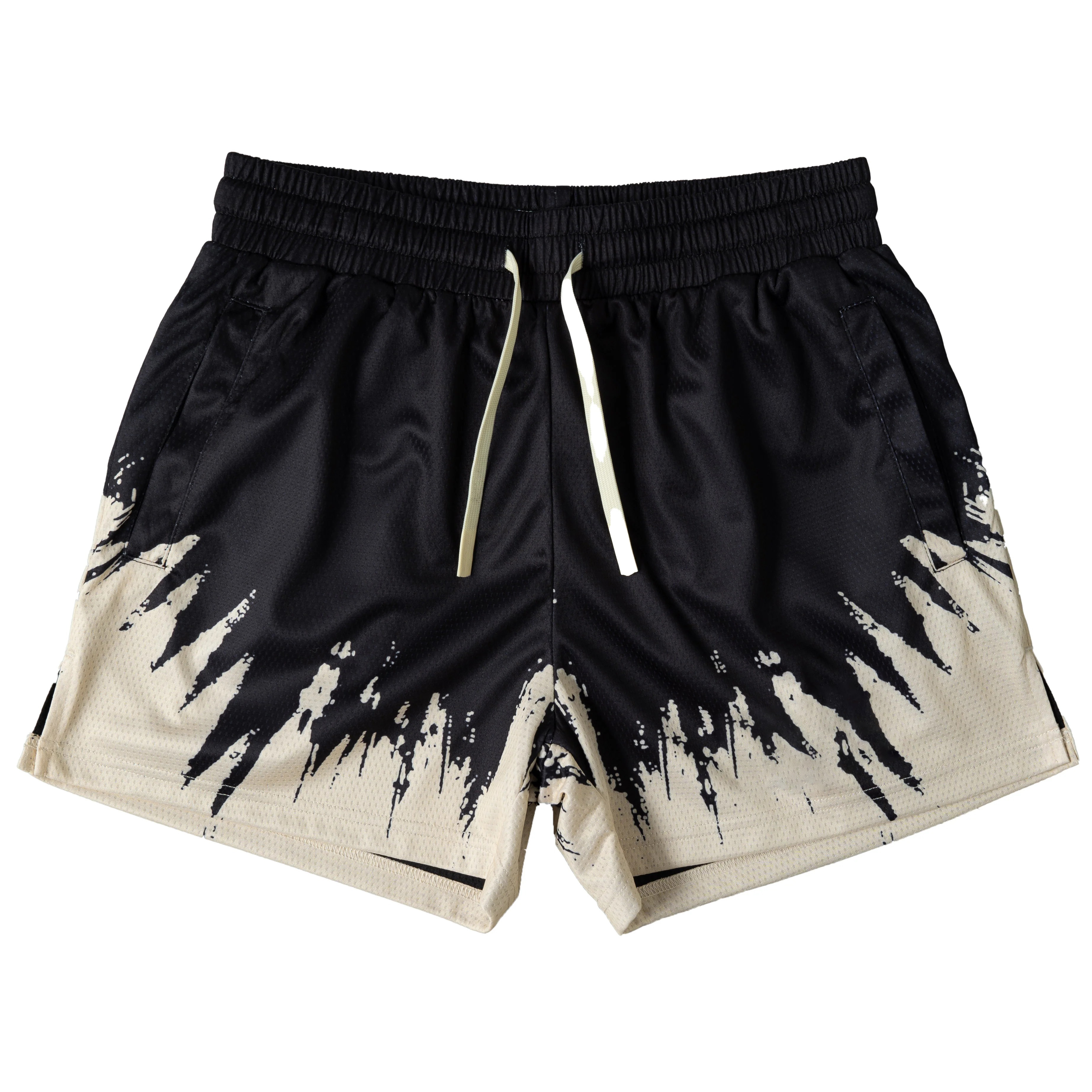 MUAY THAI SHORTS (MID THIGH CUT) SHATTER - BLACK / CREAM